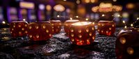 Translucent amber dice with glowing dots scattered on dark wet surface with blurred warm lights in background, suitable for gaming, gambling, entertainment, and chance-related content.
