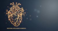 Golden wireframe anatomical heart with glowing particles on dark blue gradient background representing emotional intelligence and empathy in healthcare technology.