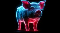 Glowing neon pig silhouette with blue and pink light effects against black background, digital art style illustration for creative design projects.