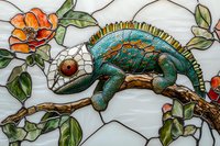 Vibrant stained glass artwork featuring turquoise chameleon on branch with orange poppies and green leaves, mosaic style with detailed texturing and ornate design elements.