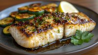 Grilled fish fillet with herbs and roasted vegetables on plate. Fresh seafood dinner with lemon garnish and zucchini slices for healthy cooking content.