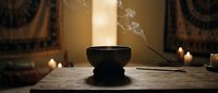 Zen meditation setup with singing bowl, burning incense stick and candles creating peaceful atmosphere for mindfulness practice and spiritual relaxation.