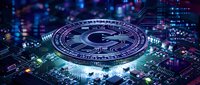 Cryptocurrency coin symbol glowing on digital circuit board with blue and purple tech lights, representing blockchain technology and digital finance.