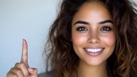 Young Hispanic woman with wavy brown hair and bright smile pointing finger up against light background, expressing positive emotion and confidence.