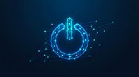 Digital power button icon with glowing blue neon wireframe design and connected dots on dark background for technology and electronics concepts.