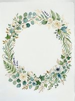 Botanical wreath frame with cream roses, eucalyptus, lavender, and mixed greenery on white background, isolated and ready for wedding invitations, greeting cards, and design projects.