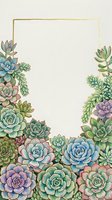 Watercolor succulents surrounding a gold geometric frame on a light background, perfect for invitations, greeting cards, and social media posts.