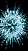 Crystalline ice shards burst outward with luminous light rays against black background, creating dynamic explosion effect for technology, science, and abstract design projects.