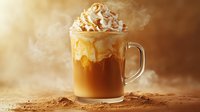 Hot caramel latte topped with whipped cream and caramel drizzle on rustic wooden surface with steam rising and cocoa powder dusting in warm ambient lighting.