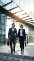 Professional business couple walking together outside modern office building holding hands in corporate attire with briefcases during sunny day.