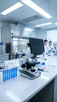 Modern laboratory with microscope and computer monitor while scientists work in sterile research environment for medical testing and analysis.
