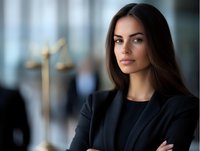 Young professional woman with long dark hair wearing black business suit stands confidently with arms crossed in corporate office environment. Soft background blur adds depth.