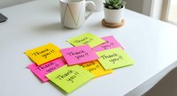 Colorful thank you sticky notes arranged on white desk with coffee mug and plant creating gratitude workspace scene for office motivation and appreciation.