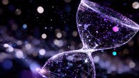 Glowing hourglass with flowing particles and network connections on dark background with bokeh lights creates futuristic concept of time and technology.