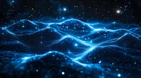 Glowing blue wave particles flow through dark space creating dynamic network connections and abstract technology visualization against starry background.