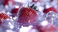 Fresh ripe strawberry with water drops splashing in clear liquid against blurred bokeh background, macro photography for food and beverage advertising.