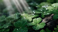 Fresh green clover leaves with sparkling water droplets in natural sunlight creating magical forest atmosphere for wellness and nature concepts.