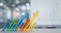 Colorful transparent glass arrows pointing upward representing business growth, success and progress in modern office environment with charts background.