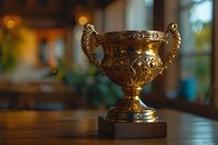 Ornate golden trophy cup with baroque style handles and decorative engravings on wooden table, soft bokeh background creates elegant atmosphere. Great for awards.