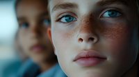 Young Caucasian woman with striking blue eyes and natural freckles in soft natural lighting with blurred background creating intimate portrait atmosphere.