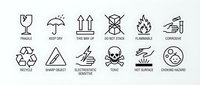 Packaging symbols and warning icons set including fragile, flammable, toxic, recycle and handling instructions for shipping and logistics operations.