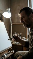 Mature bearded craftsman carving wood with chisel in traditional workshop under warm lamp light. Skilled artisan focused on detailed handwork and woodworking.