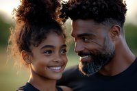 Happy African American father and daughter sharing intimate moment outdoors with warm natural lighting and genuine smiles during golden hour.