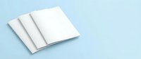 Three blank open magazines or brochures stacked on a light blue background, copy space for branding, mockup template for design presentation.
