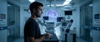Male surgeon examining holographic brain scan in modern operating room with advanced medical technology and futuristic digital interface for surgical planning.