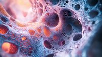 Microscopic view of colorful bubbles and foam texture in pink and blue tones creating abstract organic patterns with depth and luminous spherical shapes.