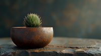 Small green cactus plant growing in rustic oxidized metal bowl against dark moody background, minimalist composition for home decor and interior design.