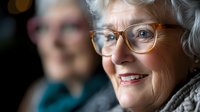 Smiling senior Caucasian woman with silver hair and glasses in natural lighting shows genuine happiness and contentment, representing active aging and wellness.