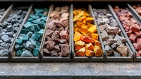 Colorful mineral rocks and crystals displayed in wooden compartments, arranged by color from blue to pink, creating striking visual pattern for geology or jewelry design.