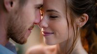 Young romantic couple sharing intimate moment with faces close together, soft natural lighting creates warm atmosphere for wedding, engagement or relationship content.