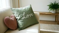 Cozy living room sofa with green linen pillow embroidered with Love and pink heart cushion, warm home decor interior styling.