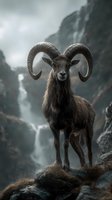 Wild mountain goat with large curved horns standing on rocky terrain overlooking a misty canyon waterfall. Suitable for wildlife, nature, and adventure design projects.