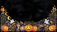 Spooky autumn border with jack-o-lanterns, ghosts, moons, stars, and ornamental foliage on black background. Perfect for Halloween designs, invitations, and seasonal graphics.