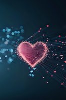 Glowing pink heart shape formed by particles and light trails against dark teal background with bokeh effects, creating romantic atmosphere for Valentine designs.
