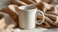 White ceramic coffee mug mockup on beige textile background with soft natural lighting and gentle folds in fabric, ready for custom design placement.