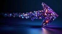 Glowing purple crystal arrow shape dissolving into particles against dark background, symbolizing digital transformation and technological progress.