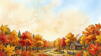 Watercolor autumn landscape with rustic cottage, golden and red foliage trees, winding path, and warm sky. Suitable for seasonal designs and fall-themed projects.
