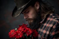 Bearded Caucasian man in cowboy hat and plaid shirt holding vibrant red gerbera daisies against dark background, creating romantic western atmosphere.