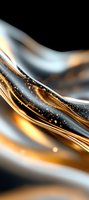Luxurious gold and silver waves with sparkling particles create elegant abstract background with flowing metallic texture and glowing light effects.