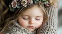 Young girl with floral crown sleeping peacefully against knitted texture, wearing soft sweater. Natural light portrait showcases innocence and serenity in muted tones.