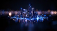 Modern cityscape with illuminated skyscrapers reflecting in water at night, dreamy bokeh lights create magical atmosphere. Blue tones dominate urban panorama.