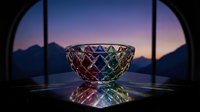Elegant crystal bowl with colorful diamond-cut facets glowing against a twilight mountain window backdrop, reflecting light on a dark surface.