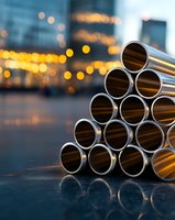 Stack of metal steel pipes on industrial background with bokeh lights and reflective surface at dusk, construction materials and infrastructure concept.