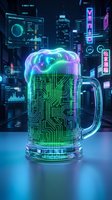 Futuristic beer mug with glowing circuit board patterns and holographic foam in cyberpunk cityscape with digital interfaces for tech and beverage concepts.