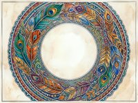 Colorful boho mandala frame with peacock and tribal feathers arranged in a circle, watercolor style, copy space in center.