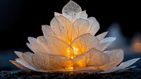 Delicate white skeleton leaves arranged in layers creating luminous glowing effect with warm candlelight shining through, dark background adds dramatic atmosphere.